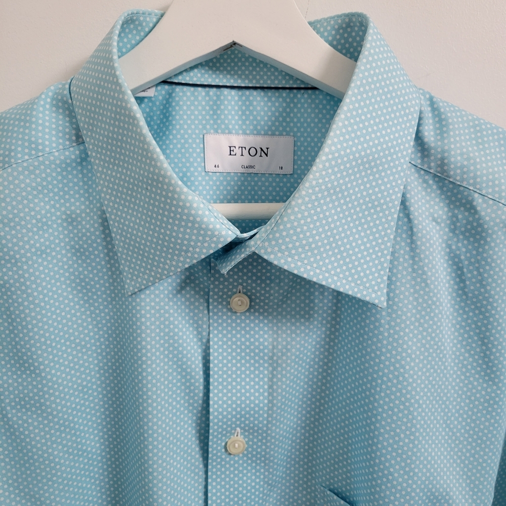 Eton Men's Classic Fit Blue Polka Dot Button Down Dress Shirt - Size 18/46